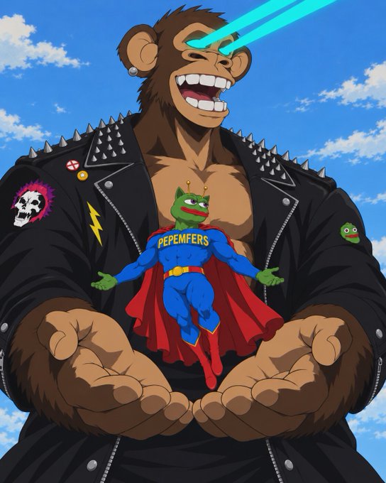Cartoon illustration of a large muscular ape wearing a spiked leather jacket shooting laser beams from its eyes, holding a small superhero Pepe frog figure labeled 'PEPEMFERS' in its cupped hands.