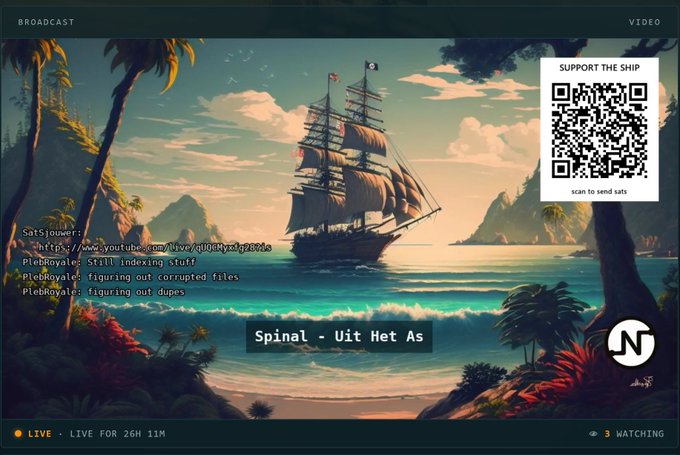 A livestream screenshot showing a pirate ship scene with chat messages from Sat'sj0wer and PlebRoyale, the song 'Spinal - Uit Het As' playing, and a QR code labeled 'SUPPORT THE SHIP.'