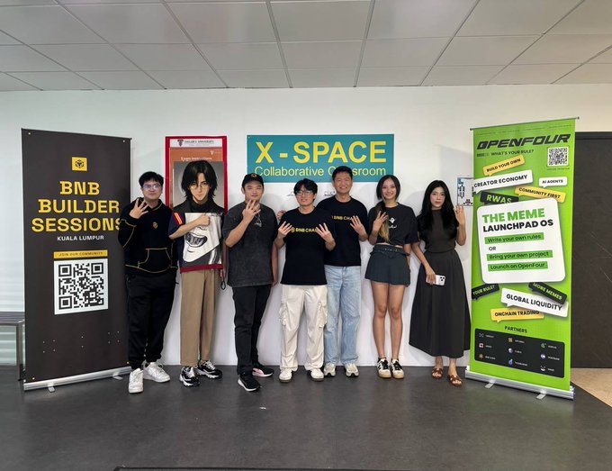 A group of seven participants pose together in the "X-SPACE Collaborative Classroom" at Taylor's University in Kuala Lumpur, flanked by banners for "BNB BUILDER SESSIONS" and "OPENFOUR" promoting "THE MEME LAUNCHPAD OS" and various features like "AI AGENTS," "RWA," "COMMUNITY FIRST," and "GLOBAL LIQUIDITY"—capturing the early-morning energy of the one-day BNB Builder Hack focused on AI agents on BNB Chain.