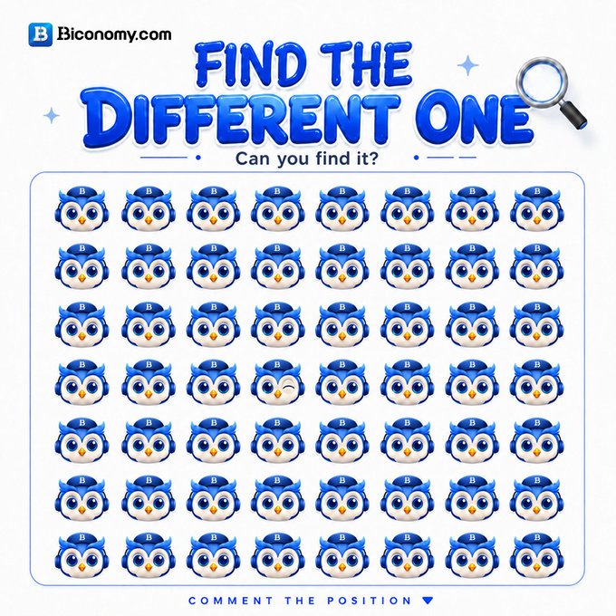 A 'Find the Different One' puzzle from Biconomy.com showing a grid of similar blue and white owl emojis where players must comment the position of the unique one.