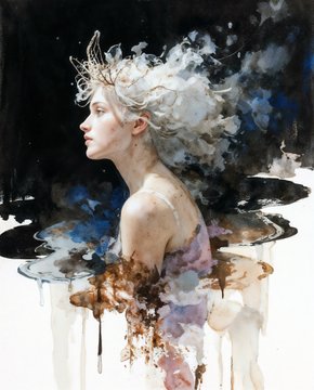 A watercolor-style artistic illustration featuring a woman with flowing white hair, pale skin, and a crown-like headpiece, depicted in profile against a dark, dreamy background with dripping paint effects.