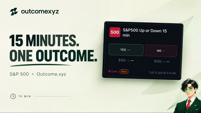 Promotional graphic for outcome.xyz showing a betting interface on whether the S&P 500 will be up or down in 15 minutes, featuring a $500 wager option.