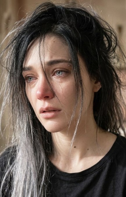 A close-up portrait of a woman with long dark hair featuring gray strands, blue eyes, and tears streaming down her face, conveying deep sadness.