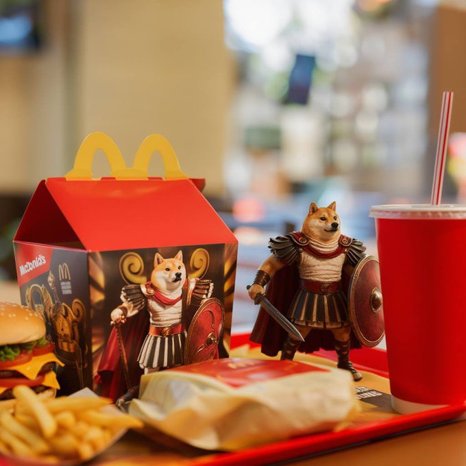 The image features a McDonald's meal with two toy Shiba Inu dogs standing next to each other, one holding a sword. They are positioned near a red tray that holds a hamburger, french fries, and a drink. The background of the photo shows a blurred view of a dining table and chairs, suggesting that this scene takes place in a restaurant or fast-food establishment.

The post caption reads "Doge accounts posting similar content". This implies that multiple users have posted pictures featuring the toy Shiba Inu dogs with McDonald's food items on their social media platforms. The image captures the attention of these users, who are likely intrigued by the combination of popular culture and fast-food elements in a single post.