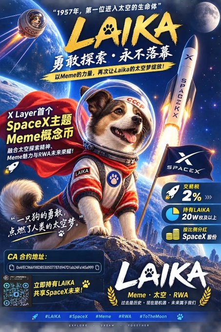 A promotional poster for a meme coin called 'LAIKA' features a dog in a space suit with a SpaceX rocket, including Chinese text and a contract address.