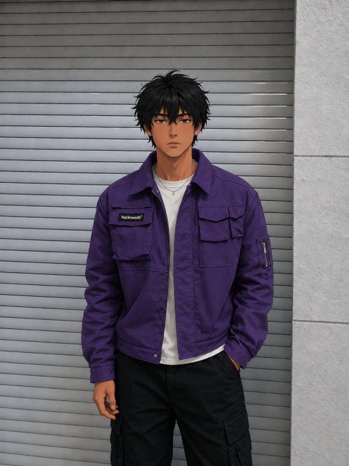 An anime-style young man with messy black hair stands in a purple utility jacket and black pants against a gray metal shutter backdrop.