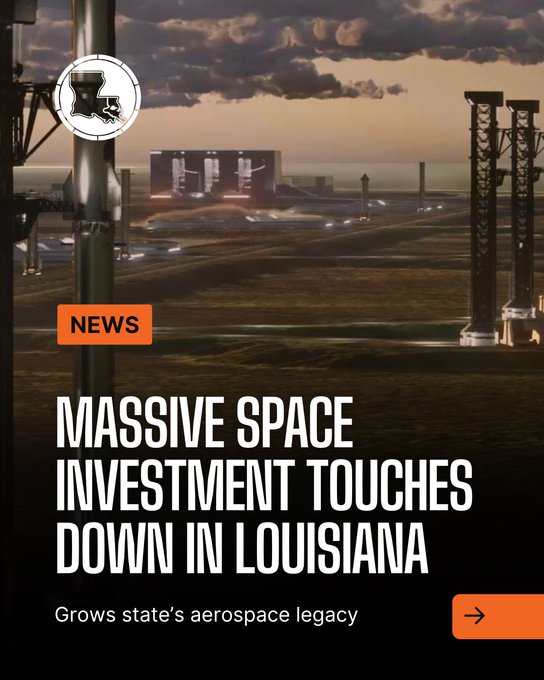 News graphic titled 'MASSIVE SPACE INVESTMENT TOUCHES DOWN IN LOUISIANA' with subtitle 'Grows state's aerospace legacy', showing a launch facility at dusk with a Louisiana state outline icon.