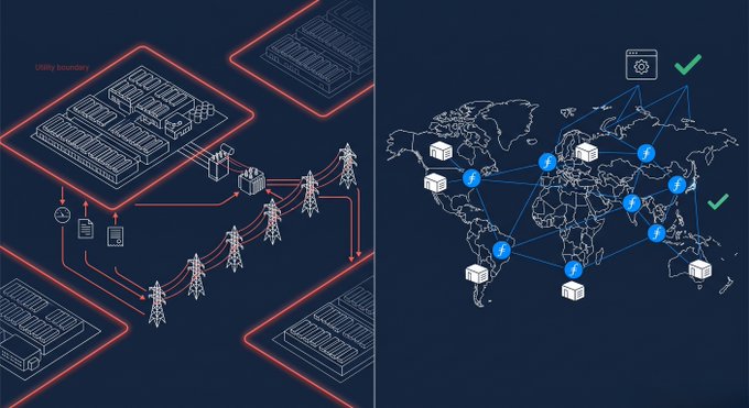 The image is a split illustration contrasting traditional utility infrastructure on the left—showing data centers connected to power plants via transmission towers within a defined "Utility boundary"—with a decentralized global network on the right, where Filecoin storage nodes (marked with blue "f" icons) interconnect across a world map, highlighting how Filecoin's distributed model avoids adding grid load to any single state.