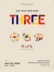 A promotional flyer for 'And Then There Were Three' event on July 16, 2026, presented by Stone & Gables featuring custom stickers and gifts.