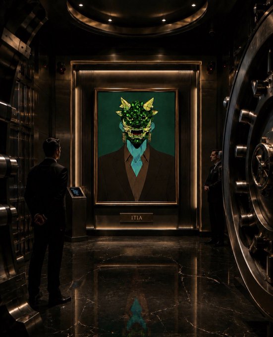 A man in a dark suit stands before an ornate vault door, gazing at a framed portrait of a figure wearing an elaborate green and gold mask, with a plaque below reading "1T1A," while a guard stands at attention nearby—symbolizing the exclusivity and mystery of the NFT world that the post seeks to demystify through education and transparency.
