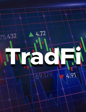 The image displays the "TradFi" logo in bold white text set against a financial chart background featuring red and green candlestick patterns, grid lines, and figures like "75,432," "4.72," "69,178," and "4.91," visually symbolizing the merging of traditional finance and crypto markets as the divide between the two closes.