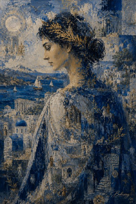A dreamy, textured painting of a woman in profile wearing a golden laurel crown, set against a blue Mediterranean landscape with ancient ruins and a moonlit sky, signed 'Behrang'.