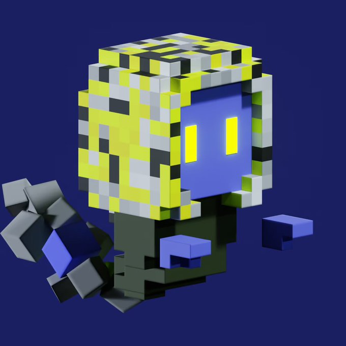 A voxel-style 3D character with a blocky, camouflage-patterned yellow and gray head and a dark blue digital face, floating against a dark blue background.