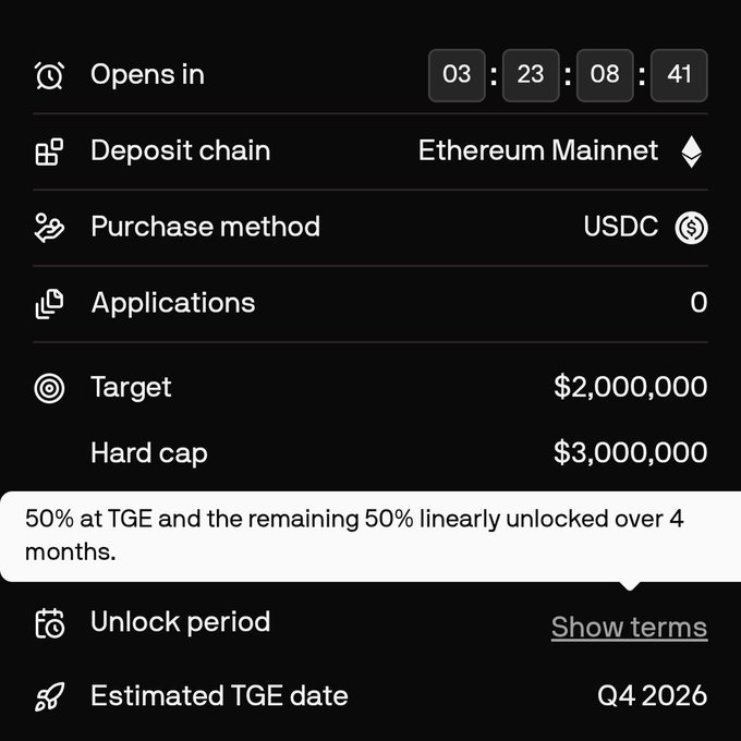 A countdown timer shows the Jumper token sale on Ethereum Mainnet, accepting USDC with a $2M target and $3M hard cap, with 50% unlocked at TGE and the remaining 50% vesting linearly over 4 months, expected in Q4 2026.
