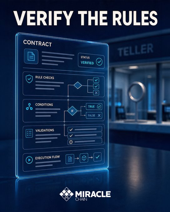 A digital graphic titled "VERIFY THE RULES" by Miracle Chain displays a holographic contract interface showing checks for status, conditions, validations, and execution flow, set against a bank teller background.