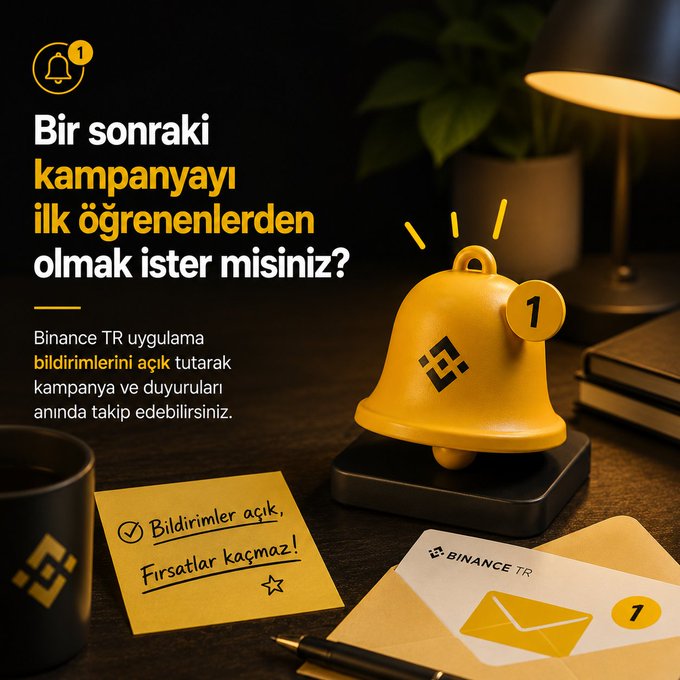 A yellow notification bell with the Binance logo sits on a desk alongside branded envelopes and a sticky note reading "Bildirimler açık, Fırsatlar kaçmaz!" — visually reinforcing the post's call to enable Binance TR app notifications so users don't miss upcoming campaigns.