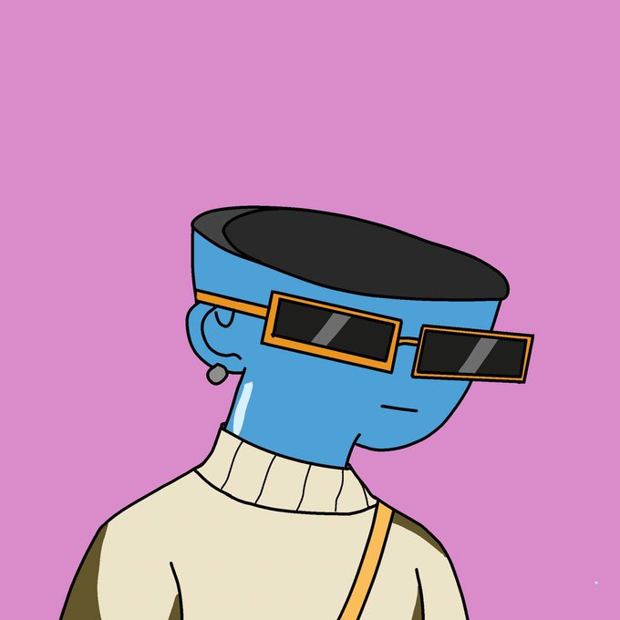 A cartoon illustration of a blue-skinned character with a flat-top black haircut, wearing rectangular sunglasses and a cream-colored turtleneck on a pink background.