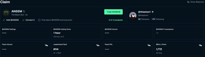 Dashboard interface for a crypto claim service showing an $ANSEM airdrop claim with 2 of 3 complete, featuring Twitter/X handle @blaboratoni with 5K followers, and metrics including 1,772 Skill Points, Leaderboard Rank #194, and 1 hour of holding.