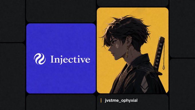 Graphic showing the Injective blockchain logo next to an anime-style character on a yellow background, credited to jvstme_ophyxial.