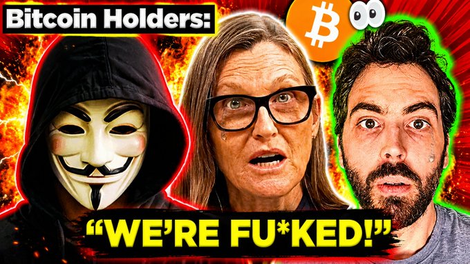 The image features a graphic with three people wearing masks, one of whom has a mask that says "we're fu**ed!". The background of the image is red, which appears to be related to Bitcoin holders. There are also some text elements in the image, including the words "Bitcoin Holders" and "We're fu**ed!" written below the three people wearing masks.