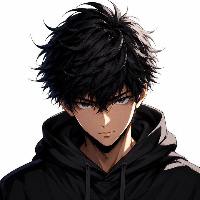 An anime-style portrait of a young man with messy black hair and grey eyes, wearing a black hoodie, set against a plain white background.