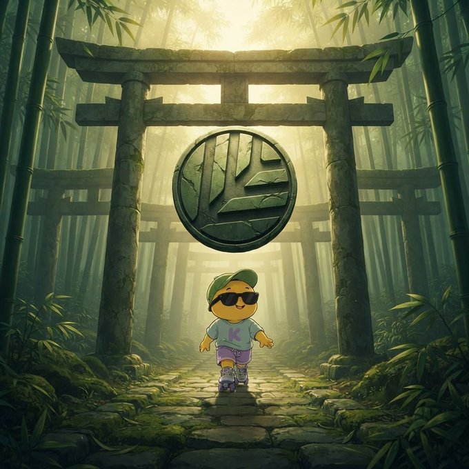 A digital illustration features a cartoon character walking through a misty bamboo forest toward a stone torii gate with a central emblem.