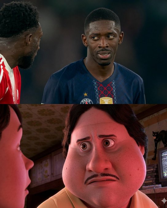 Two-panel meme comparing a real-life football player in a France jersey looking concerned to an animated character with a similar wide-eyed, worried expression.