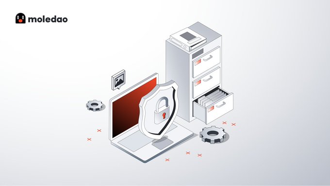 An isometric illustration showing a laptop with a padlock shield, gears, and a filing cabinet, with the "moledao" logo in the top-left corner.