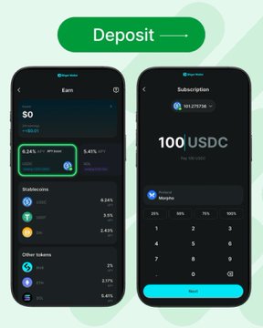 BitgetWallet Earn screens show a 6% APY for USDC, with a 100 USDC deposit into Morph and a Next button. The image illustrates depositing USDC into the Morph Earn vault with no lock-up and withdraw-anytime flexibility.