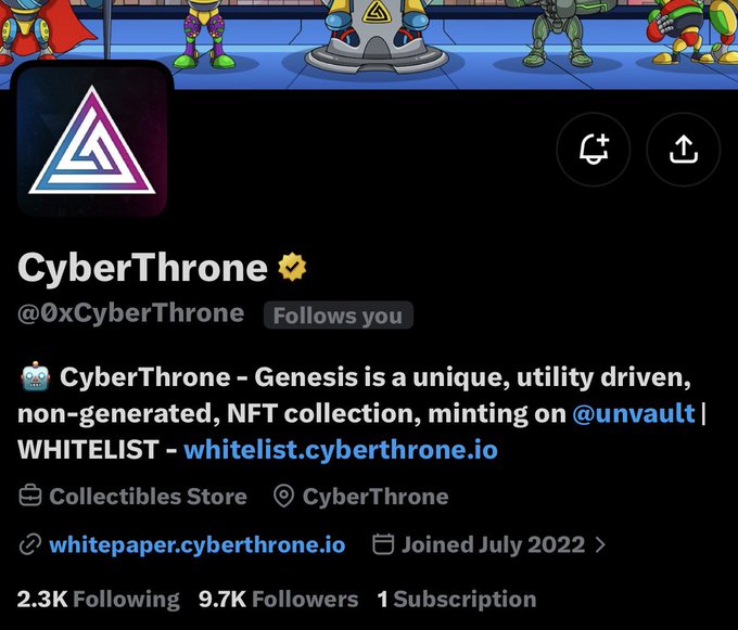 The image shows the Twitter/X profile page for "CyberThrone" (@0xCyberThrone), a verified account with 9.7K followers, describing itself as a unique, utility-driven, non-generated NFT collection minting on Unvault. The profile relates to the post by showcasing the CyberThrone account that provided the free mint allocation raffle secured for communities like @africanadao.