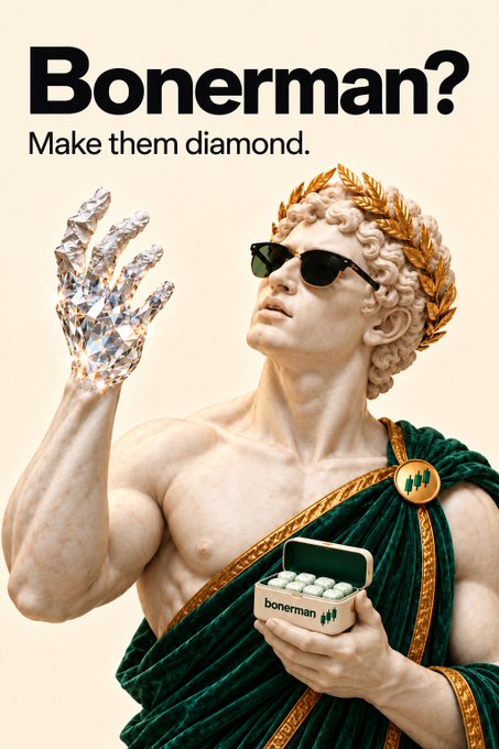 An advertisement titled 'Bonerman? Make them diamond.' showing a marble statue of a man wearing a golden laurel wreath and sunglasses, displaying a crystal hand and holding a box labeled 'bonerman'.