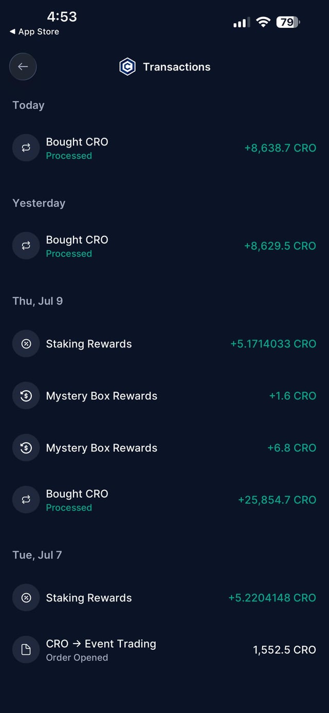 A mobile crypto wallet app displays a Transactions history showing purchases of CRO (Crypto.com's token), including 8,638.7 CRO today, 8,629.5 CRO yesterday, and 25,854.7 CRO on Thu, Jul 9, along with Staking Rewards and Mystery Box Rewards.