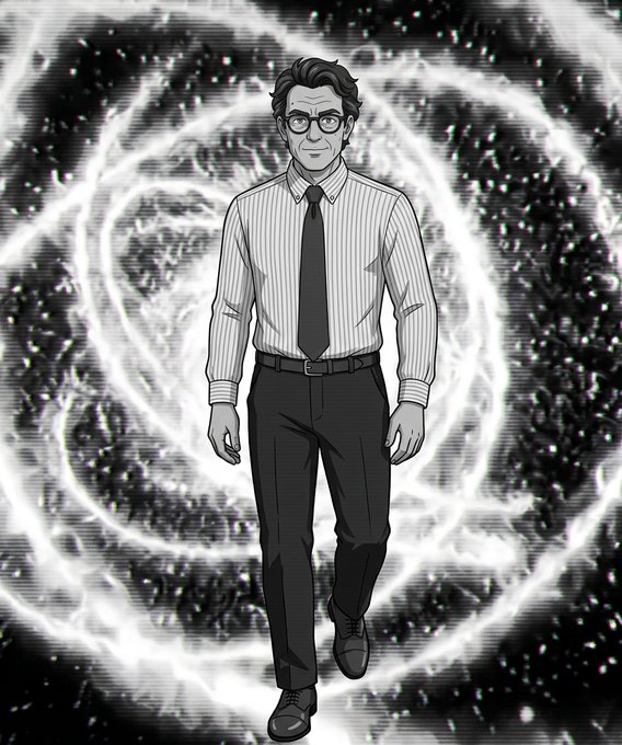 Black and white anime-style illustration of a man in a striped shirt, tie, and glasses walking forward against a swirling glitch-effect background.