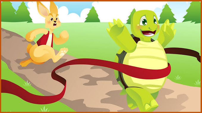 A cartoon illustration shows a rabbit running away from a large green turtle crossing a finish line with a red ribbon, reminiscent of the Tortoise and the Hare fable.