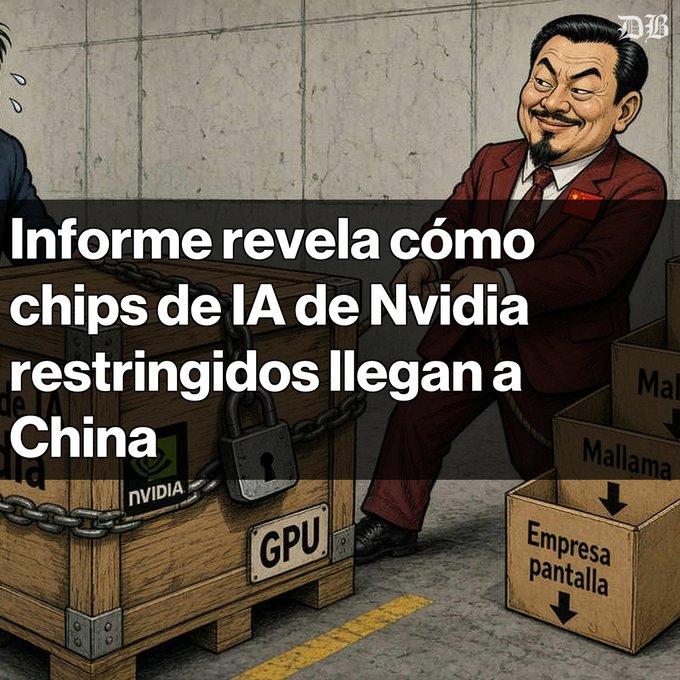 A political cartoon in Spanish titled 'Informe revela cómo chips de IA de Nvidia restringidos llegan a China,' depicting a smirking figure in a red suit next to a locked wooden crate labeled 'NVIDIA GPU' and boxes labeled 'Mallama' and 'Empresa pantalla.'