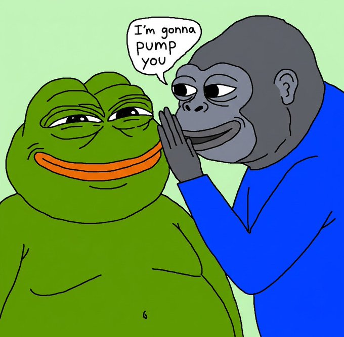 Pepe the Frog meme illustration where a gray gorilla in a blue shirt whispers 'I'm gonna pump you' into Pepe's ear.