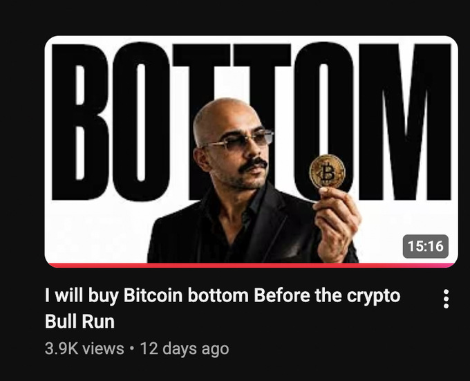 A YouTube thumbnail with the word "BOTTOM" displays a man in a black suit holding a Bitcoin coin, titled "I will buy Bitcoin bottom Before the crypto Bull Run" (3.9K views, 12 days ago, 15:16 runtime), promoting a video that promises a simple strategy for timing the crypto market bottom without technical analysis or watching numerous influencers.