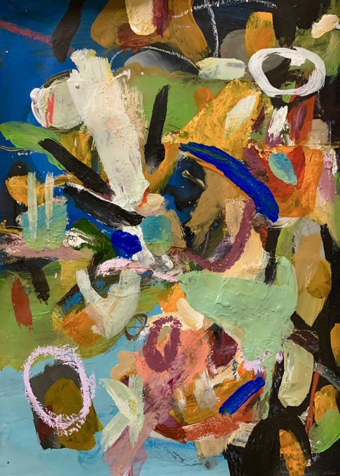 An abstract painting with thick brushstrokes in various colors including green, blue, yellow, red, and white.