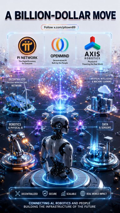 The image showcases a futuristic digital landscape featuring Pi Network, OpenMind, and Axis Robotics logos, connected through a glowing neural network with a humanoid robot in the foreground. Bold text reads "A BILLION-DOLLAR MOVE" at the top, while bottom highlights emphasize "DECENTRALIZED," "SECURE," "SCALABLE," and "REAL WORLD IMPACT," illustrating the convergence of decentralized infrastructure with AI and physical robotics—aligning with the post's theme of linking Pi Network nodes to a future of intelligent robots.
