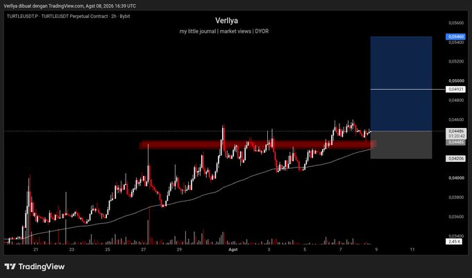 A TradingView 2-hour chart of TURTLEUSDT.P on Bybit, displaying the price consolidating around a key support zone near $0.0448 (highlighted in red), with a moving average curving upward and a long position setup outlined on the right with targets marked between approximately $0.0457 and $0.0566.