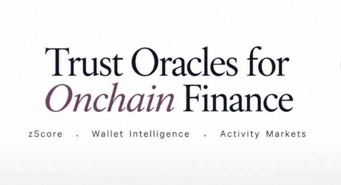 A promotional graphic displaying the text "Trust Oracles for Onchain Finance" along with the three service pillars "zScore . Wallet Intelligence . Activity Markets." The bold serif headline conveys Zeru Finance's positioning as a credibility layer for blockchain-based transactions, directly supporting the post's announcement that its zScore wallet reputation tool is being integrated across major block explorers to help users assess onchain trustworthiness at a glance.