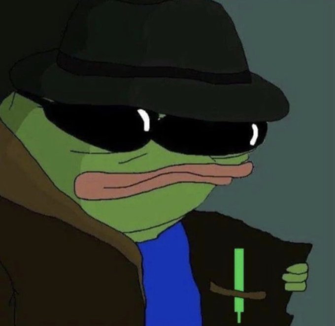 A Pepe the Frog character dressed in a trench coat and fedora wearing sunglasses, depicted in a spy/detective style.