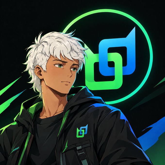 An anime-style illustration of a young man with white hair wearing a black and green jacket, standing in front of a glowing green and blue logo.