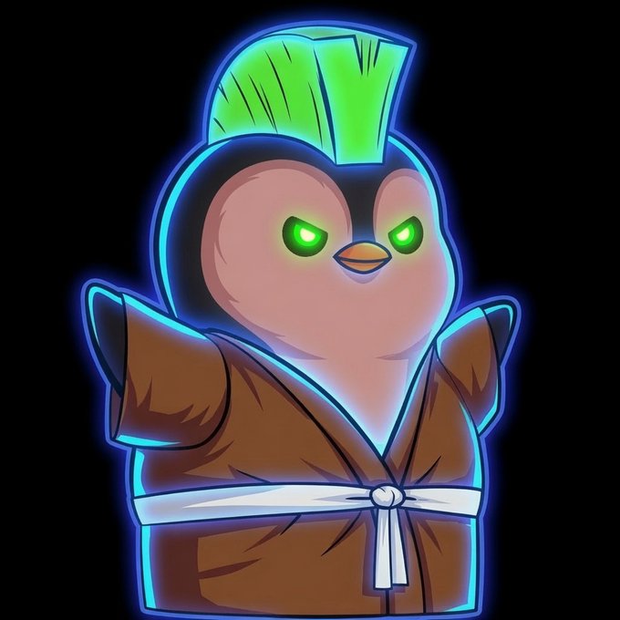 A neon-style cartoon illustration of a penguin character with green glowing eyes wearing a brown karate gi with a white belt.