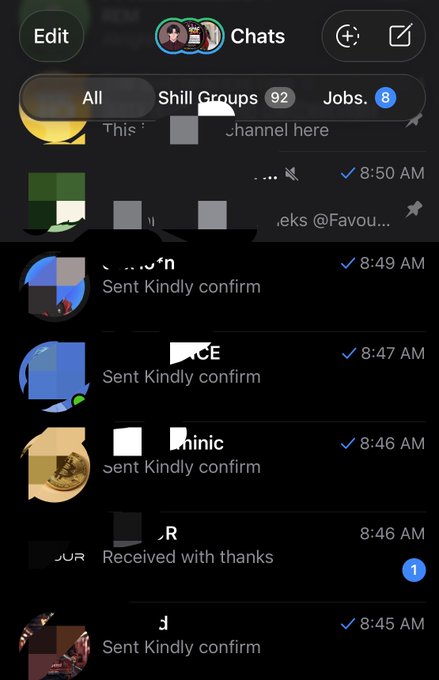 A WhatsApp chats list on iPhone showing multiple conversations with "Sent Kindly confirm" messages at various timestamps (8:45 AM to 8:50 AM), aligning with the post announcing payments sent to last week's raiders.