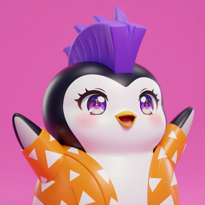 A 3D-rendered penguin-like character with a purple mohawk, large purple eyes, and an orange scarf with white triangles, set against a pink background.