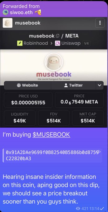 A screenshot showing a 'musebook' token listed on Robinhood and Uniswap V4 with price $0.00005155, marketed as 'the social hangout for muses' with a message about insider information and price breakout.