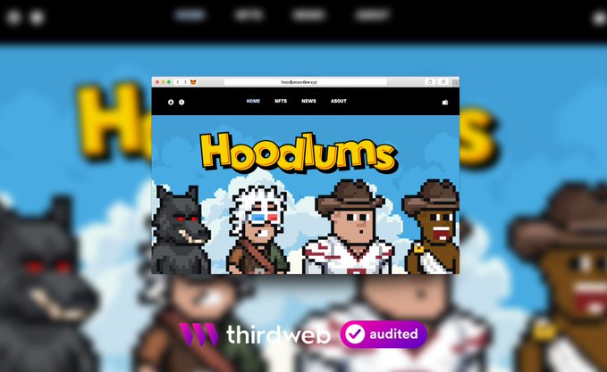 A promotional graphic for the Hoodlums NFT project featuring four pixel-art characters (a wolf, a figure in a powdered wig, and two cowboys) on the hoodlums.io website, branded with a 'thirdweb audited' badge.