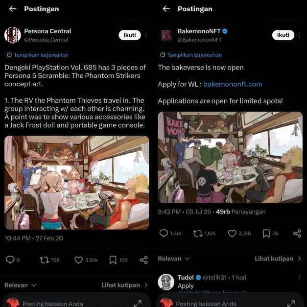 Two side-by-side Twitter (X) posts: one from Persona Central about Dengeki PlayStation Vol. 685 featuring Persona 5 Scramble concept art, and another from BakemonoNFT announcing 'The bakeverse' is now open.