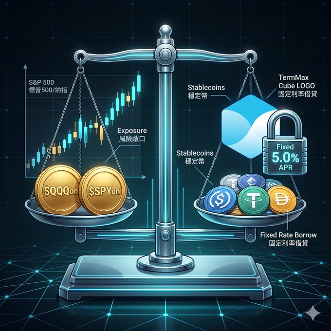 The image features a coin balance scale with two pans, one filled with gold coins and the other with tokenized U.S. stocks (RWA). The pan with gold coins represents traditional currency, while the pan with tokenized stocks symbolizes digital assets like tokens or cryptocurrency. The balance of these two pans indicates that the value of the tokenized stocks is equal to the value of the gold coins on one side and vice versa. This visual representation highlights how tokenized U.S. stocks can be a valuable asset in DeFi, as they are now considered hard currency and can be used for trading or holding onto.